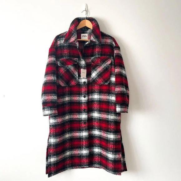 Zara Plaid Overshirt Longline Shacket Jacket Coat NWT Red White  Size Medium - Picture 7 of 11
